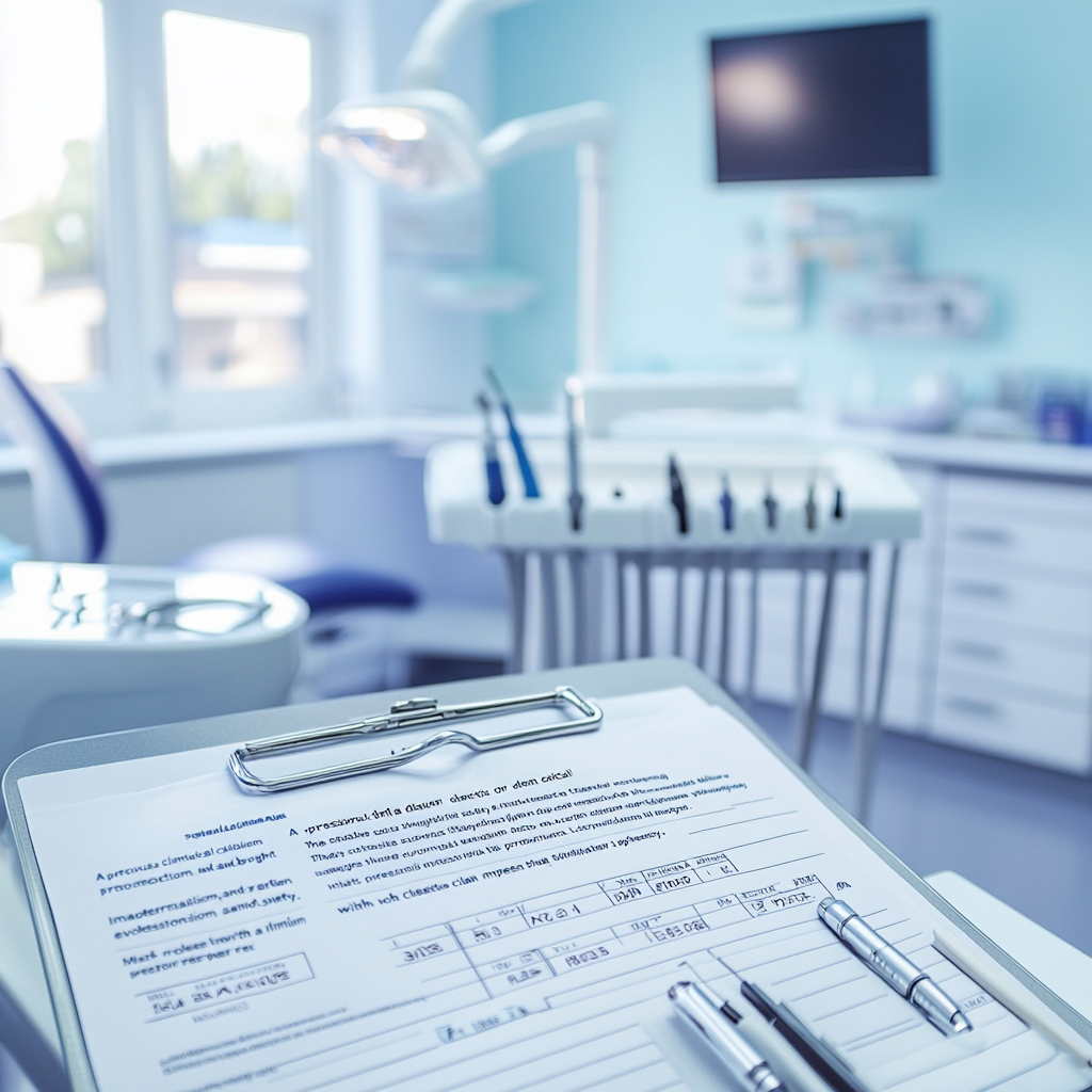 Modern dental office with a clipboard and form in the foreground, dental equipment and chairs in the background.