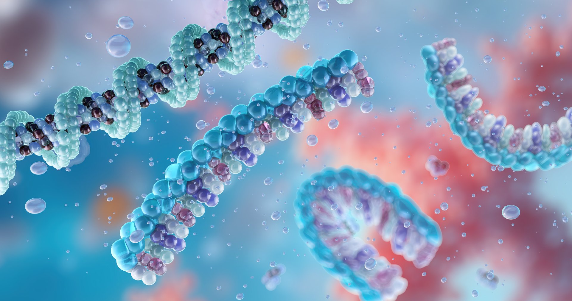 Messenger RNA (mRNA) strands structure background. Single-stranded genetic molecules for medical genetic engineering design. Modern vaccines, biotechnology and molecular biology science, gene expression, protein synthesis scientific 3D visualization