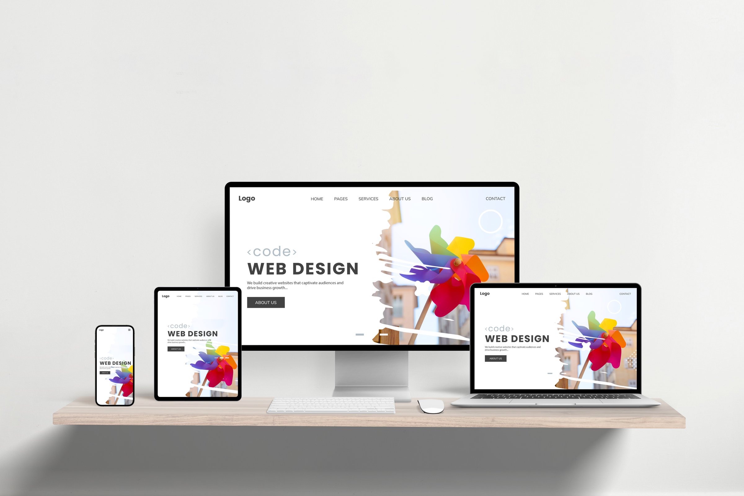 Responsive web design studio page displayed across multiple devices