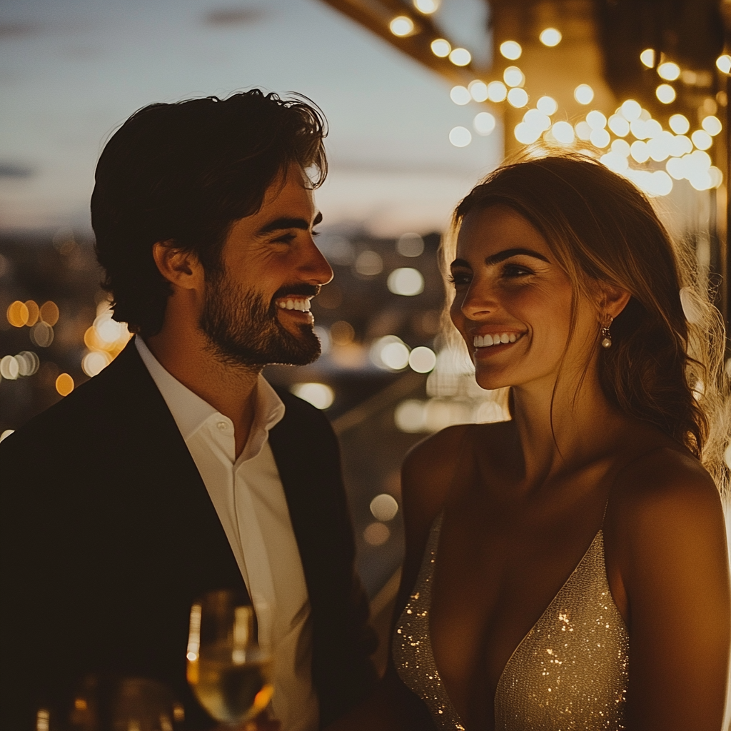 A couple smiling at each other during evening on a balcony, surrounded by string lights and holding glasses of wine.