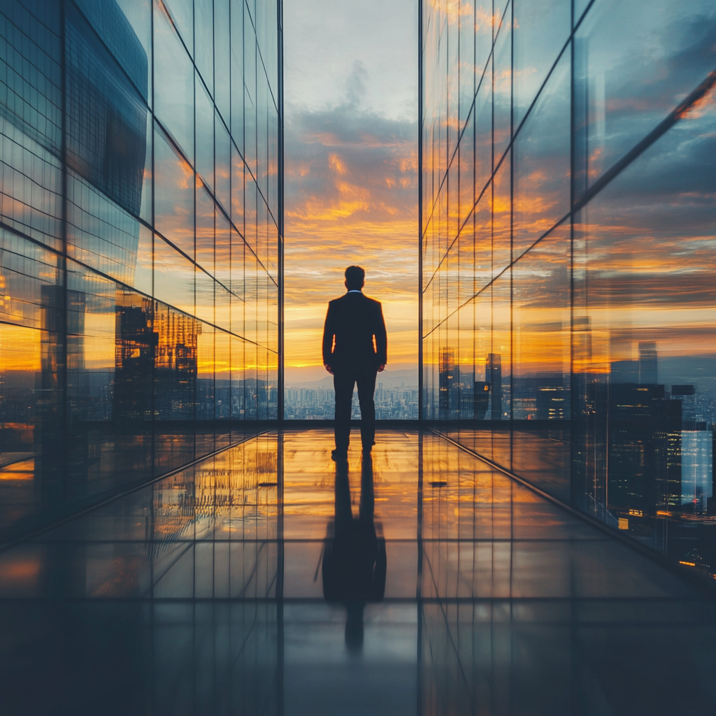Silhouette of a person in a suit standing in a glass corridor, with a cityscape and vibrant sunset in the background.
