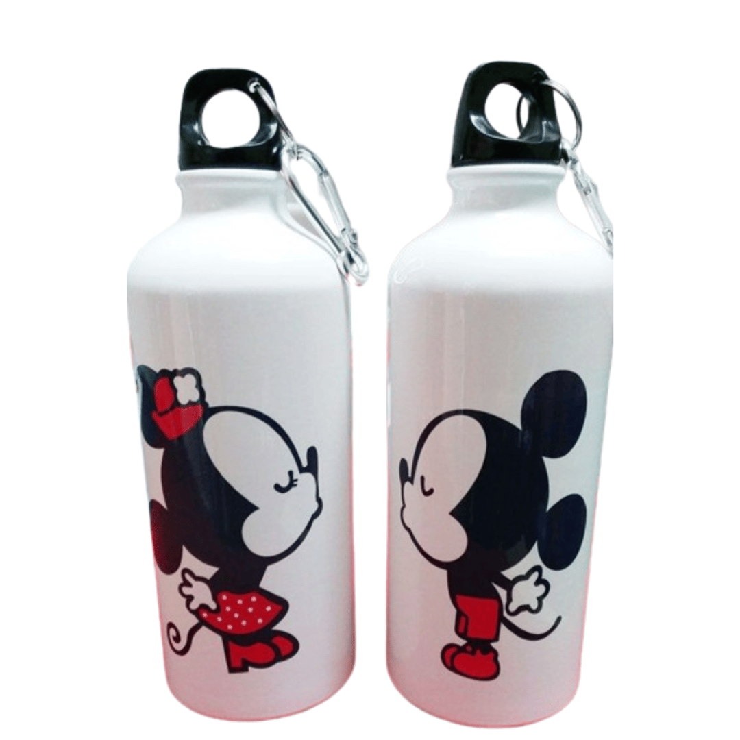 Two white water bottles with cartoon mouse characters facing each other, wearing red and black outfits, with attached carabiners.