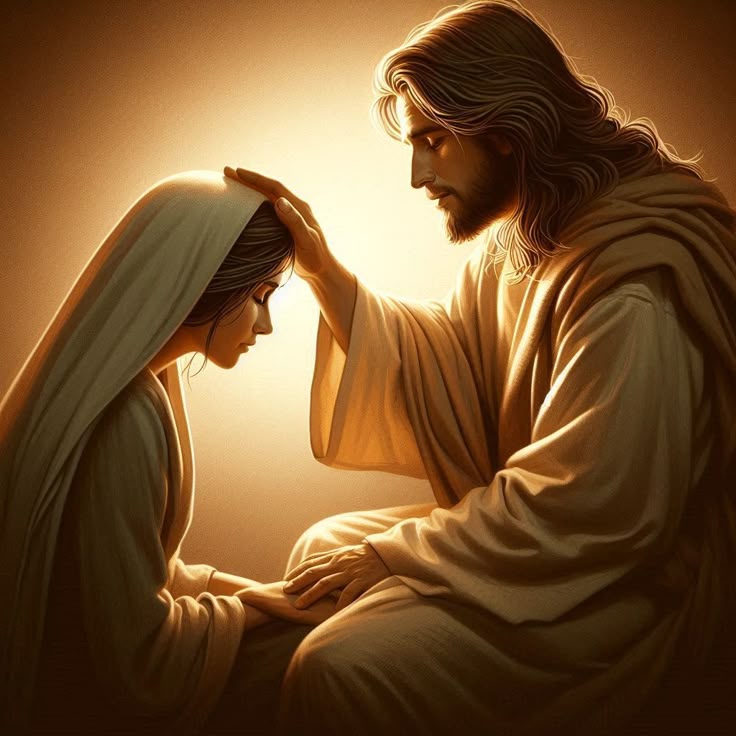 A man with long hair and beard gently places his hand on a kneeling woman's head, both in robes, with a warm glow behind them.