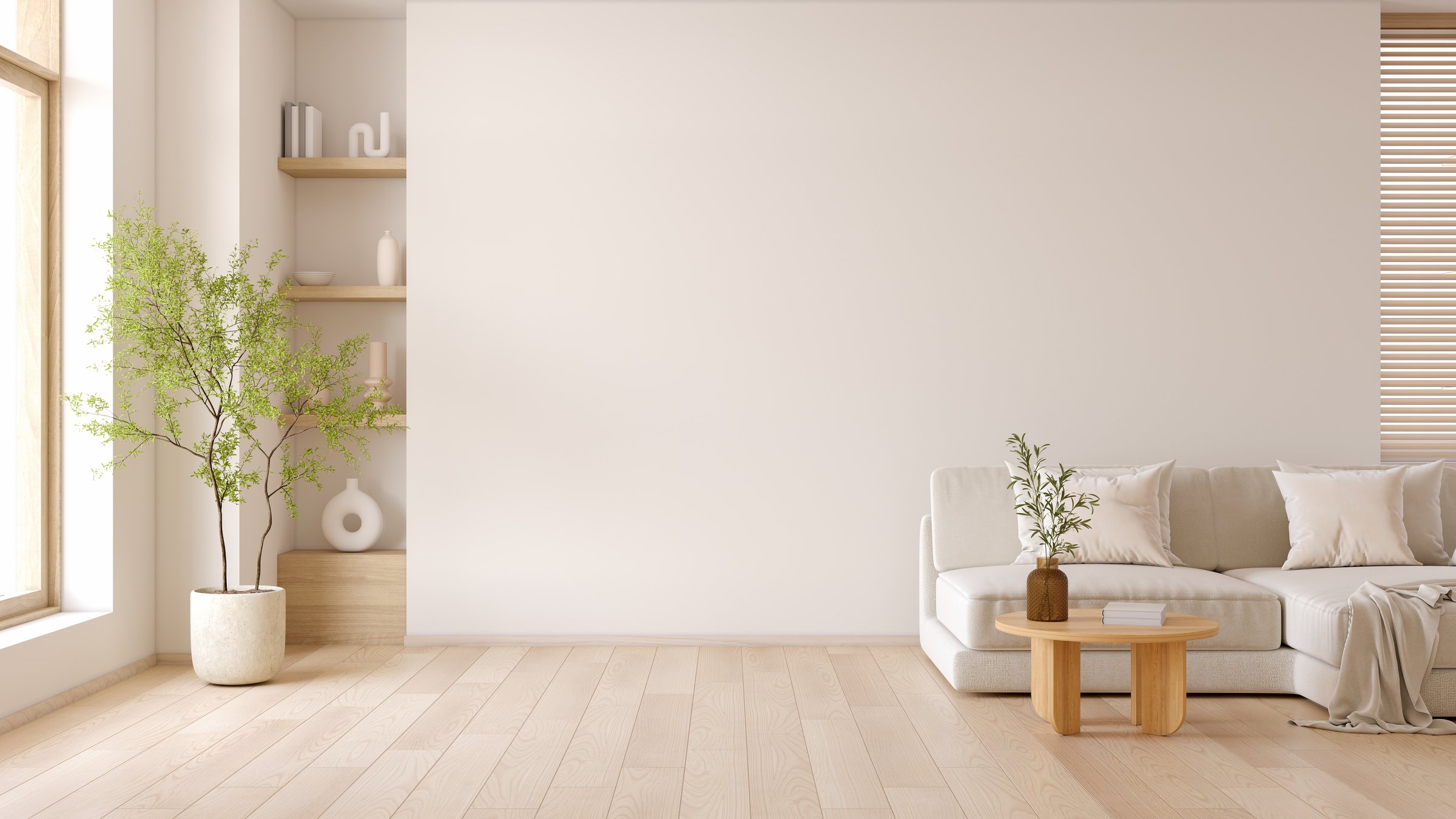 Minimal living room with modern sofa and coffee table Wooden furniture and minimal decoration with white walls ,3d render