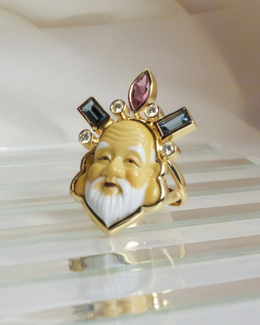 Anel Sabedoria - Fukurokuju - Prata ouro 18k diamantes safiras