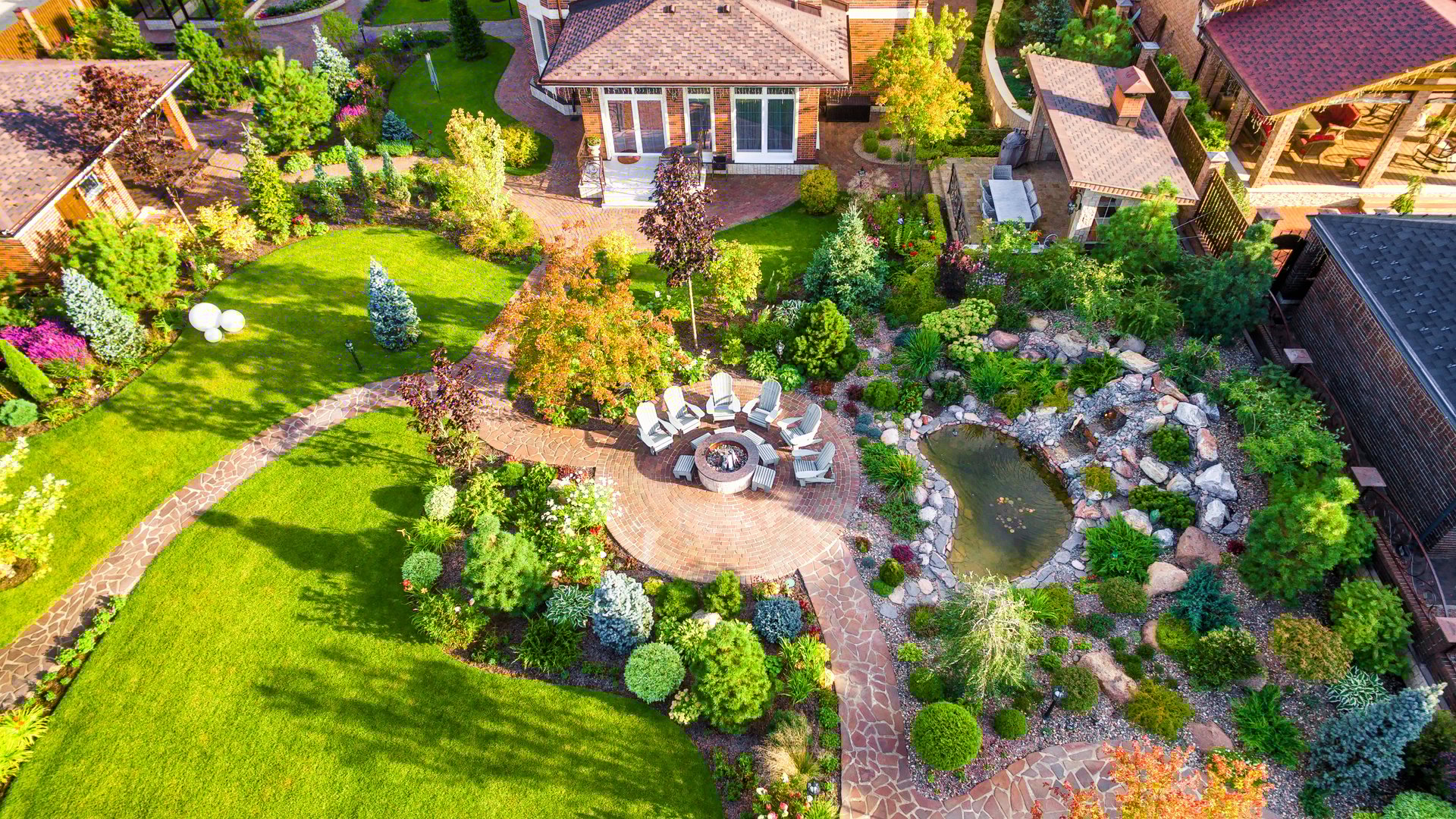 Luxury landscaped garden aerial view