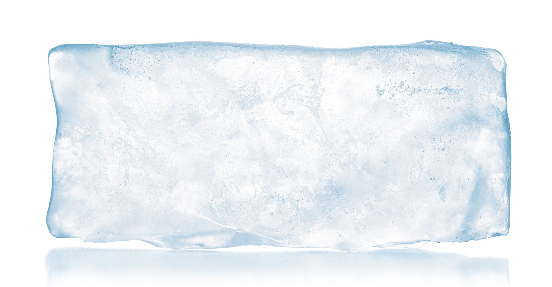 A translucent rectangular block of pure ice, isolated on white background. Purity and freshness concept.