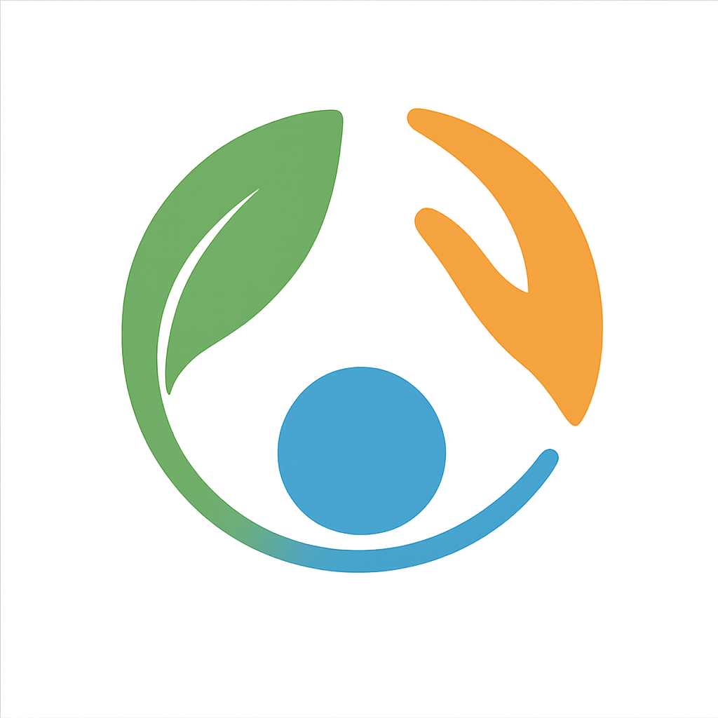 Abstract design with a green leaf, orange hand, and blue circle on a gradient background.
