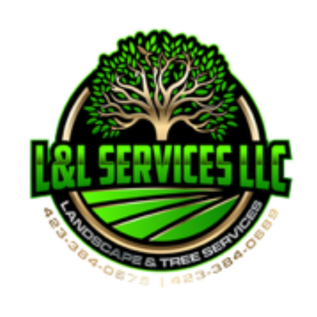 Logo for L&L Services LLC featuring a tree and text Landscape & Tree Services with phone numbers.