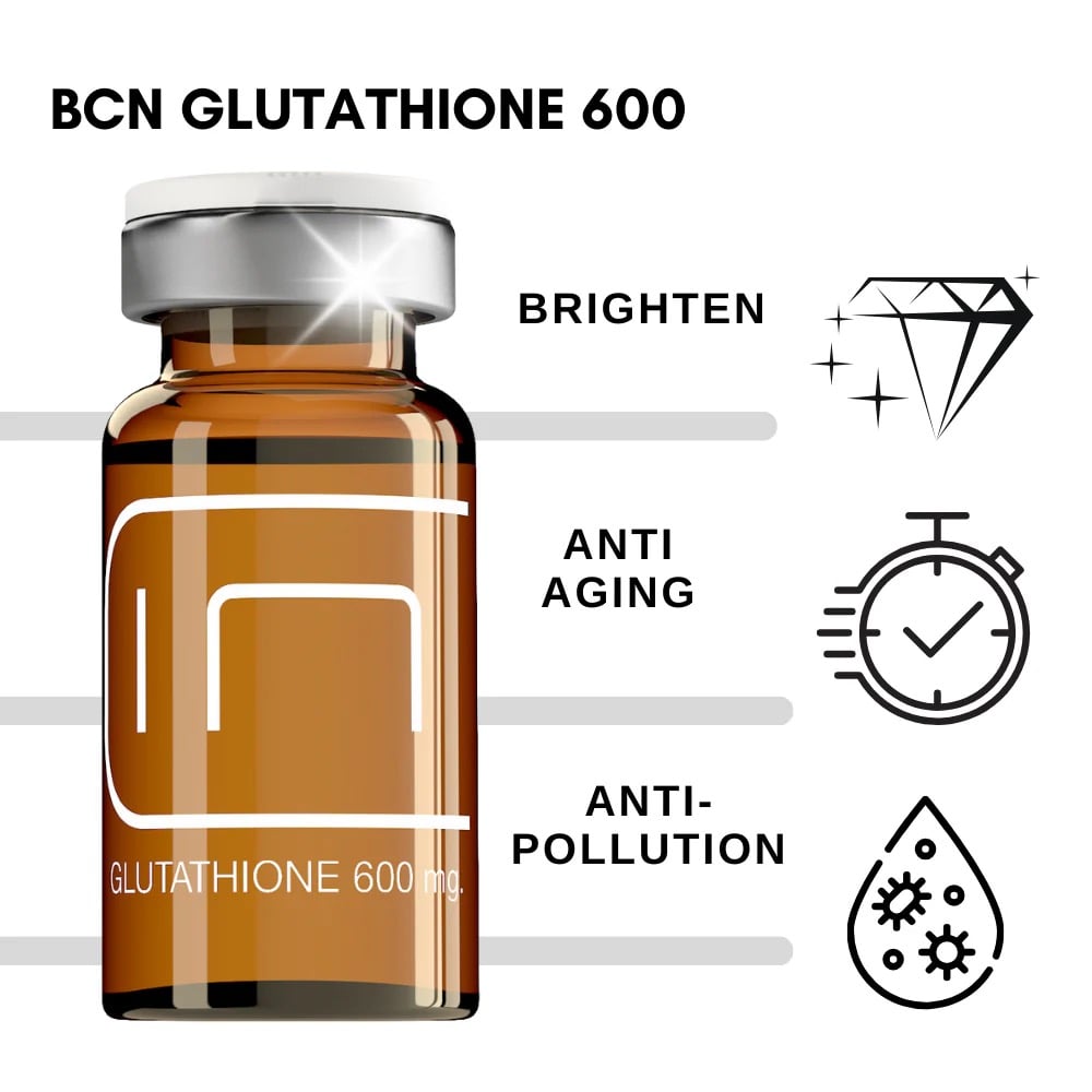 Vial labeled 'BCN Glutathione 600' with icons for brightening, anti-aging, and anti-pollution benefits.