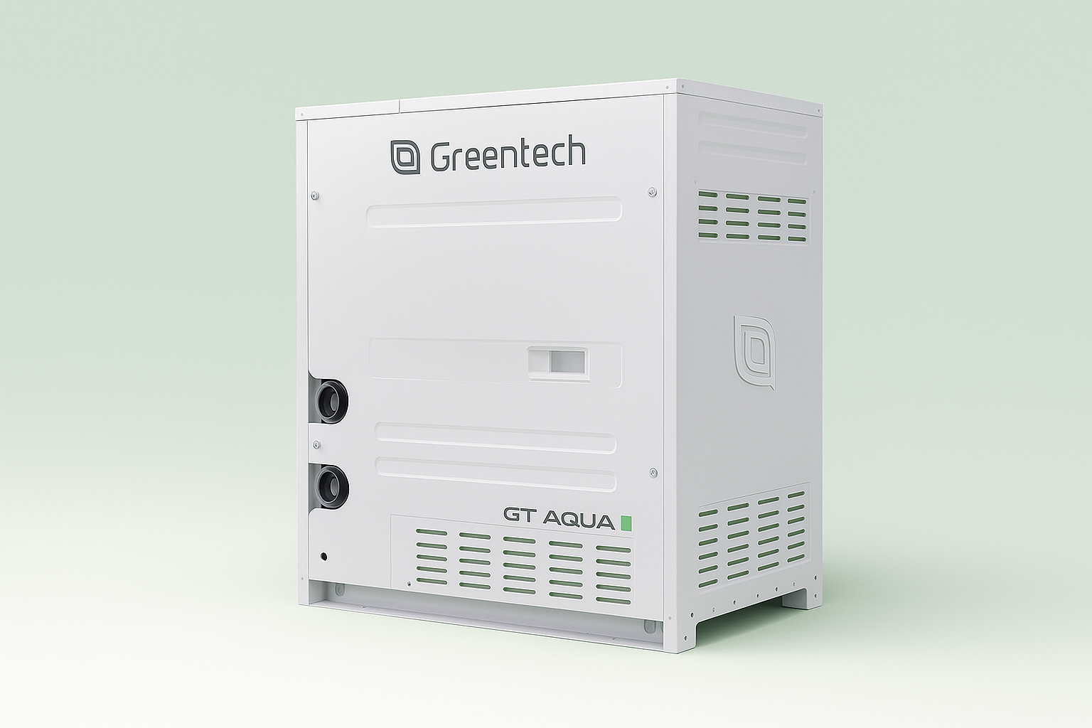 White Greentech industrial unit with GT Aqua II label, featuring vents and connection ports on a green gradient background.