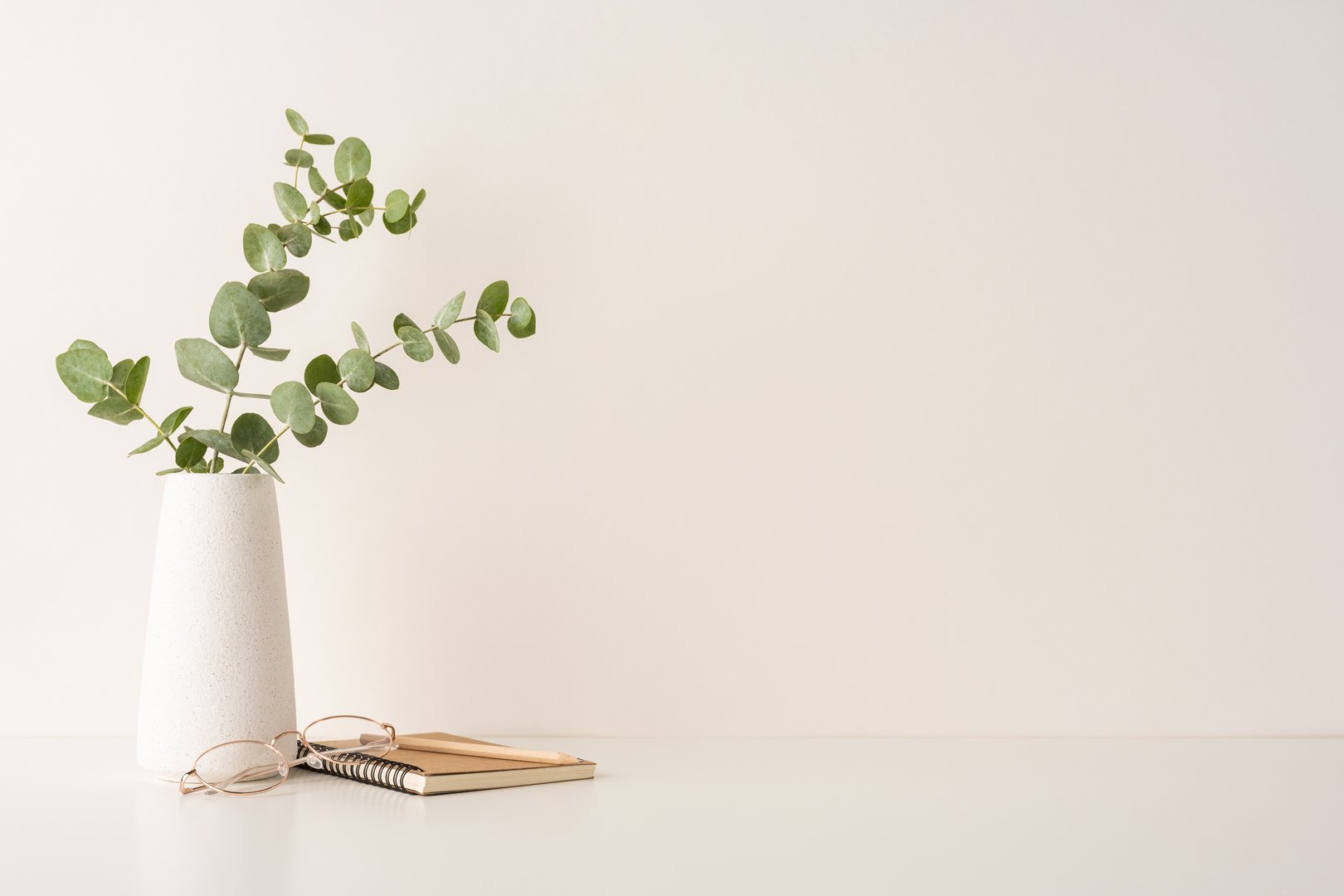 Simple and elegant minimalist setup featuring a vase with greenery, notebook, and eyeglasses