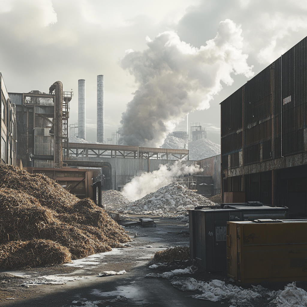 Industrial site with smokestacks emitting thick smoke, surrounded by piles of debris and cloudy skies overhead.