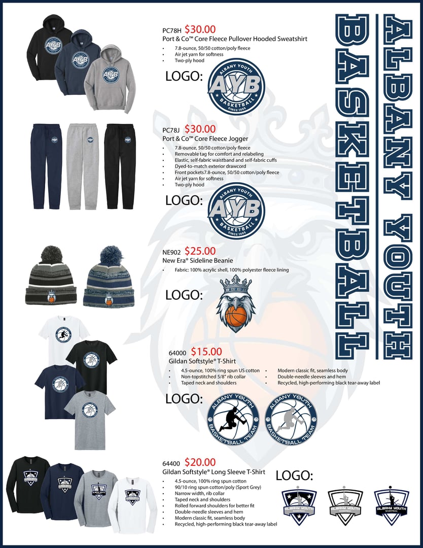 AYB Team Merchandise Catalog - Show your team spirit with official Albany Youth Basketball gear including t-shirts, hoodies, and accessories