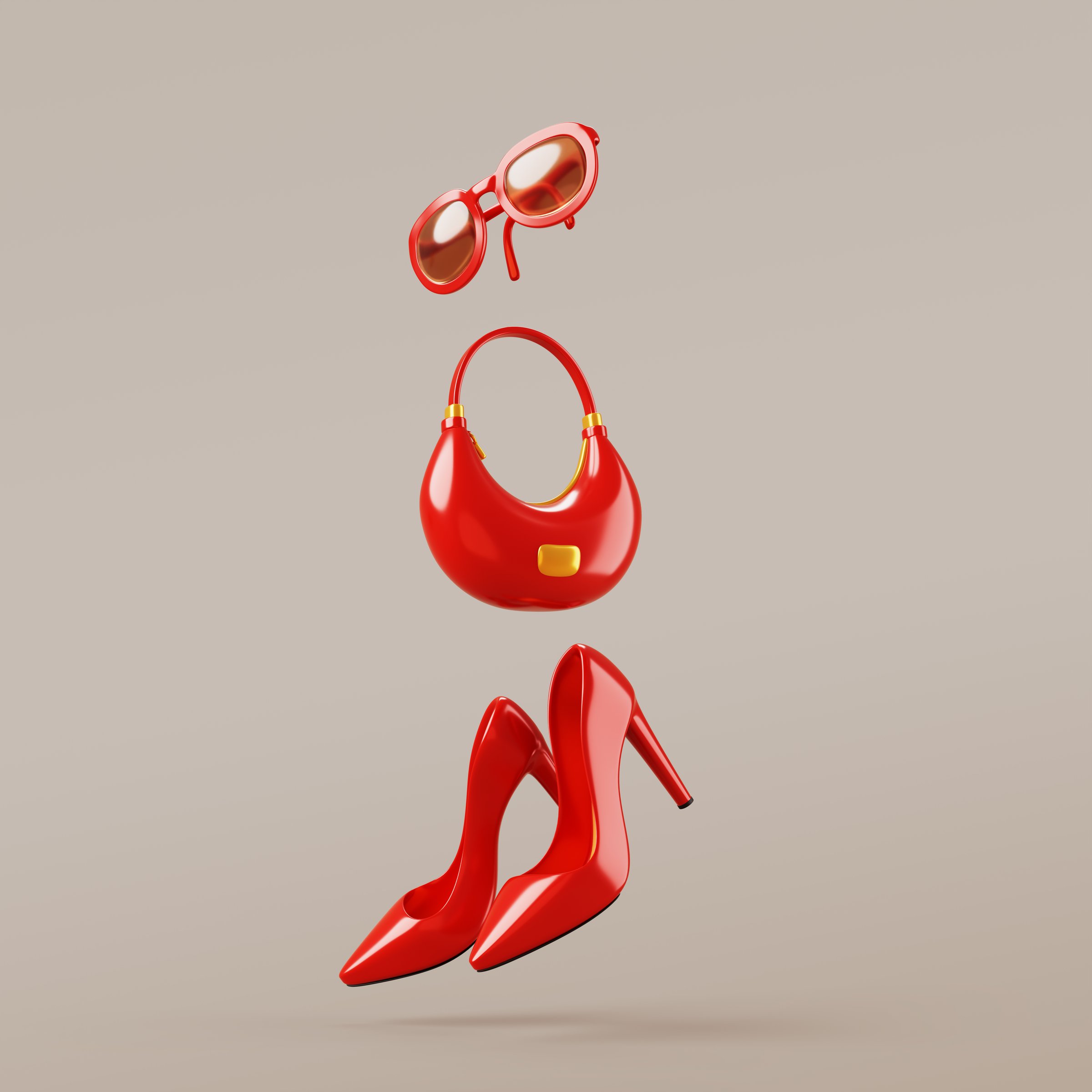 Women fashion clothes and accessories for office or romantic date. Luxury red high heel shoes, bag and sunglasses on beige background for shopping sale, advertising promotion design. 3D illustration