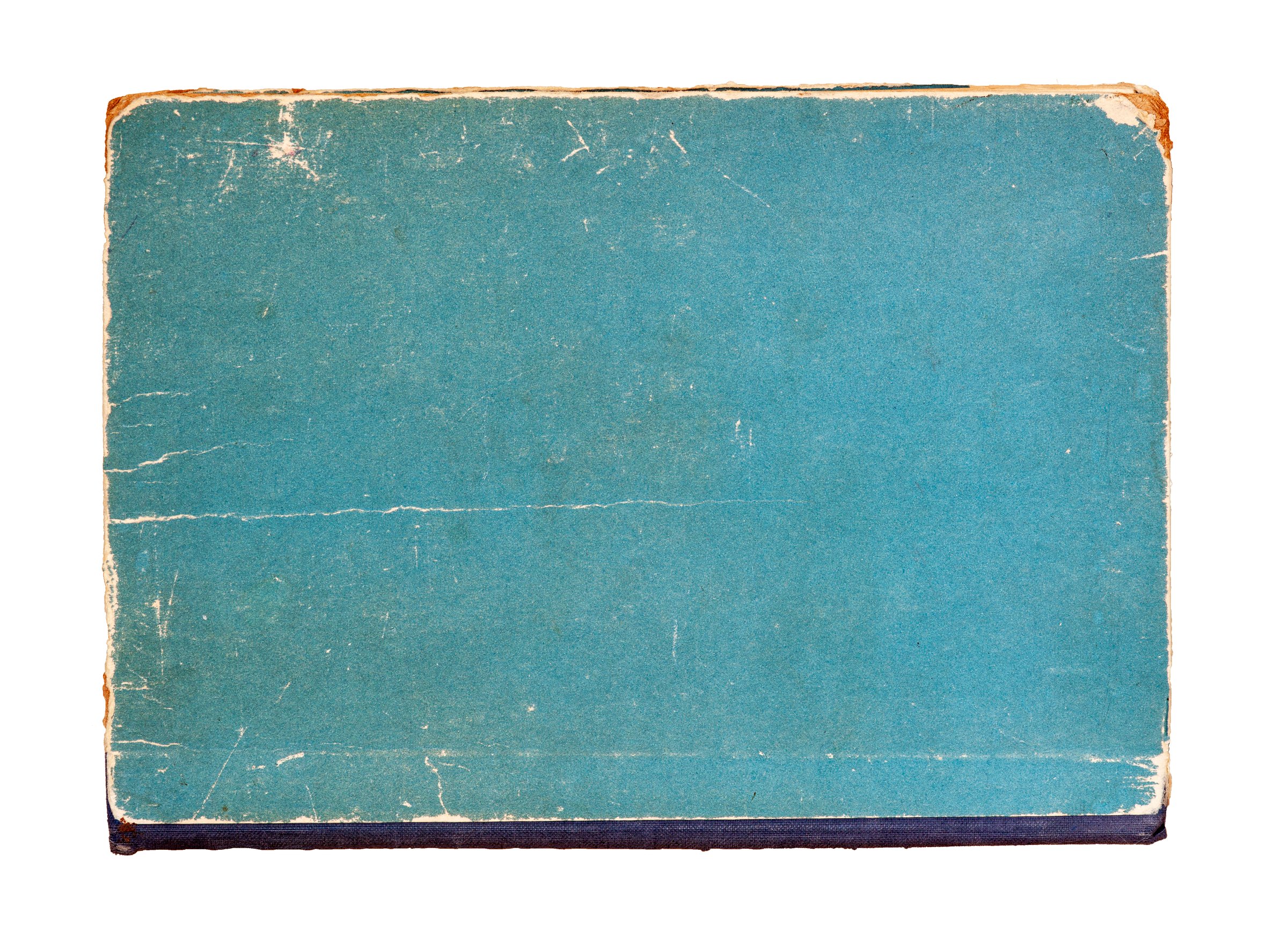 Old vintage book cover with distressed blue surface and worn edges. Concept of retro nostalgia, aged texture or vintage educational material, copy space