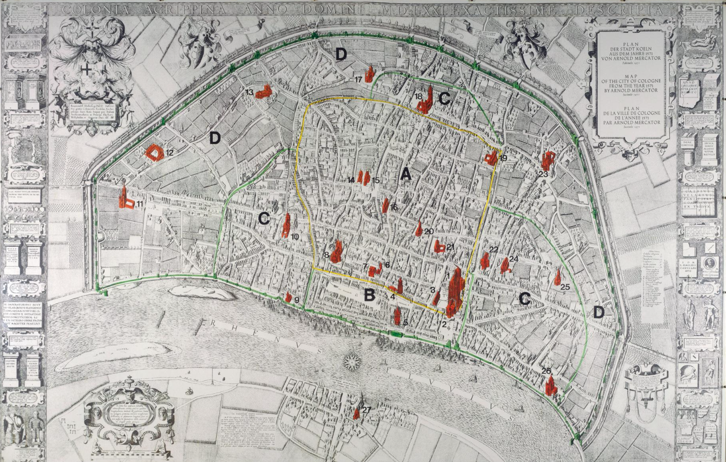 Antique map of Paris with colored sections and highlighted landmarks, framed with decorative borders and inscriptions.