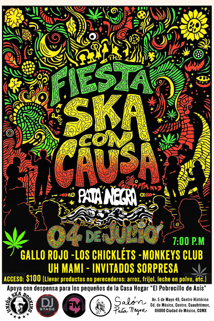 Colorful poster for Fiesta Ska por una Causa on July 4th at 7 PM. Features bands, event details, and vibrant graphics.