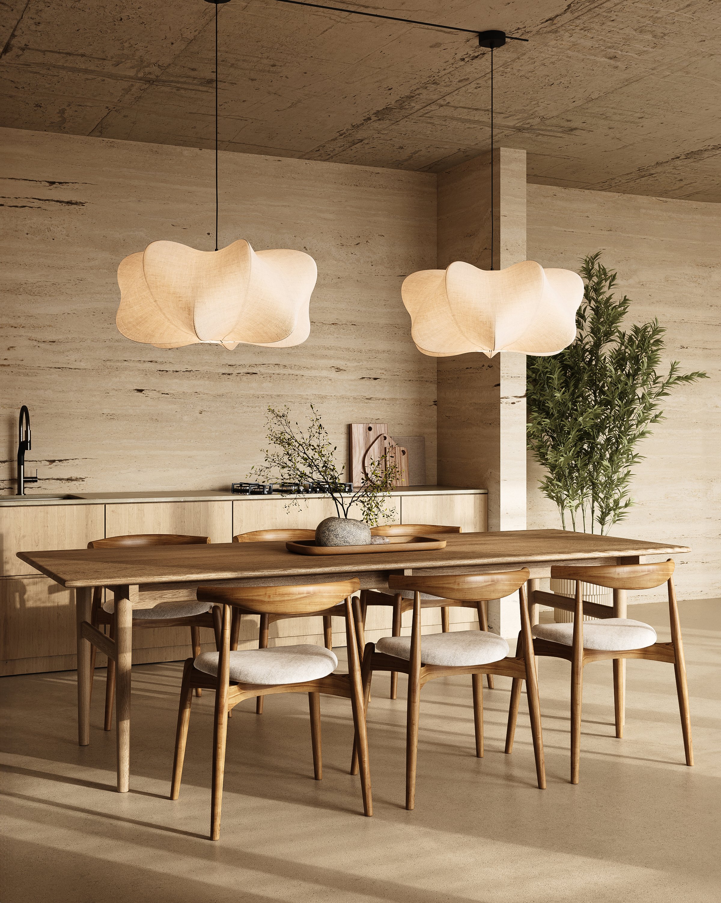 Elegant minimalist kitchen dining area showcasing warm wooden tones and unique pendant lighting in a serene home setting, 3d rendering