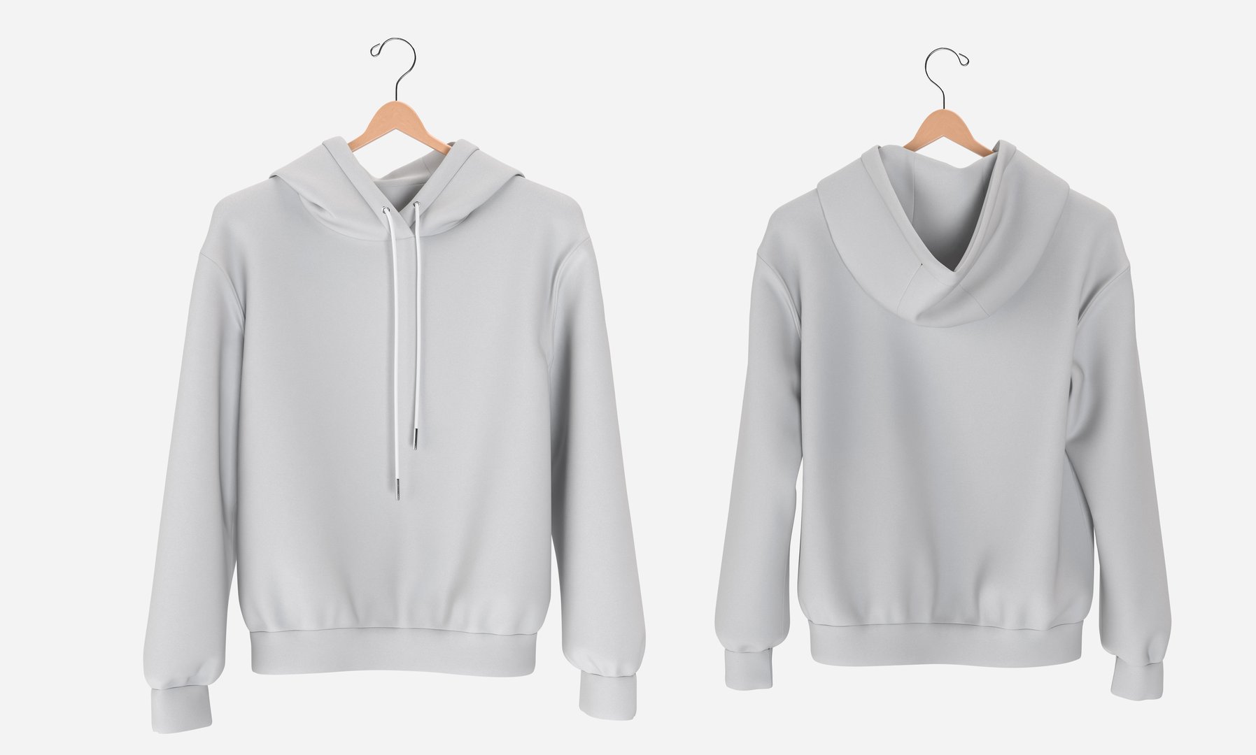 Blank hooded sweatshirt mockup with line on wooden hanger realistic collections. Empty textile casual apparel with sleeve, isolated. Cotton crew neck tee design model for print. 3D Illustration