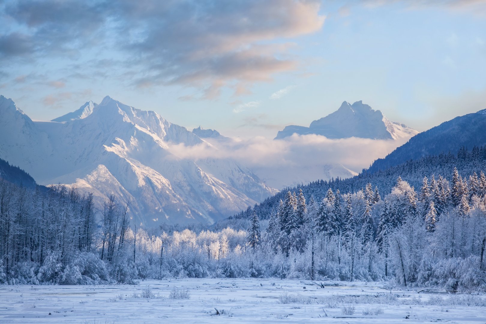 Winter snow removal Anchorage Alaska - snow-covered mountains and frosted trees under blue sky representing winter landscapes for maintenance guides