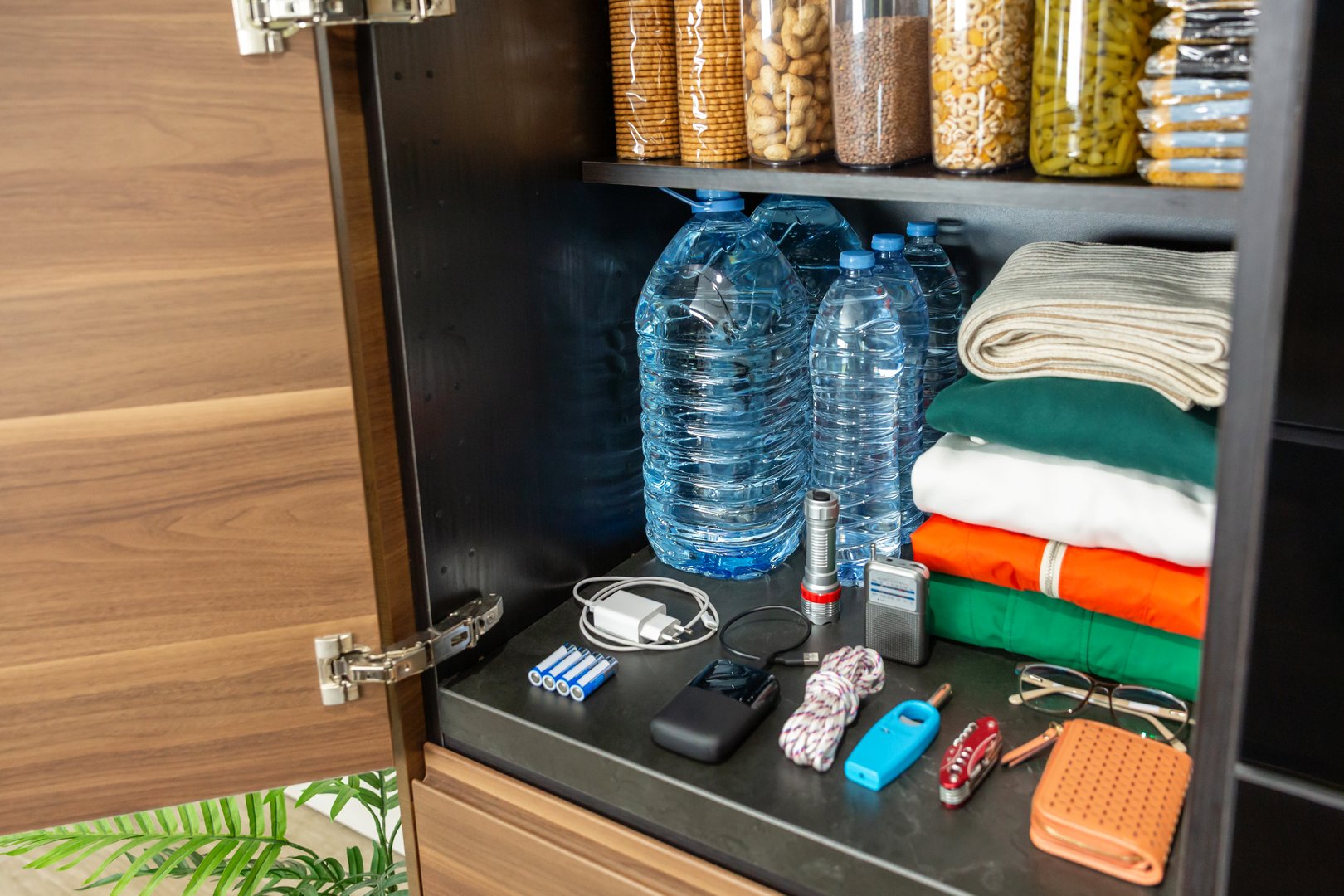 Organized emergency kitchen pantry with water bottles, packaged food, clothes, survival and communications supplies. Stocked cupboard ready as part of alert, foresight and self sufficiency strategy.