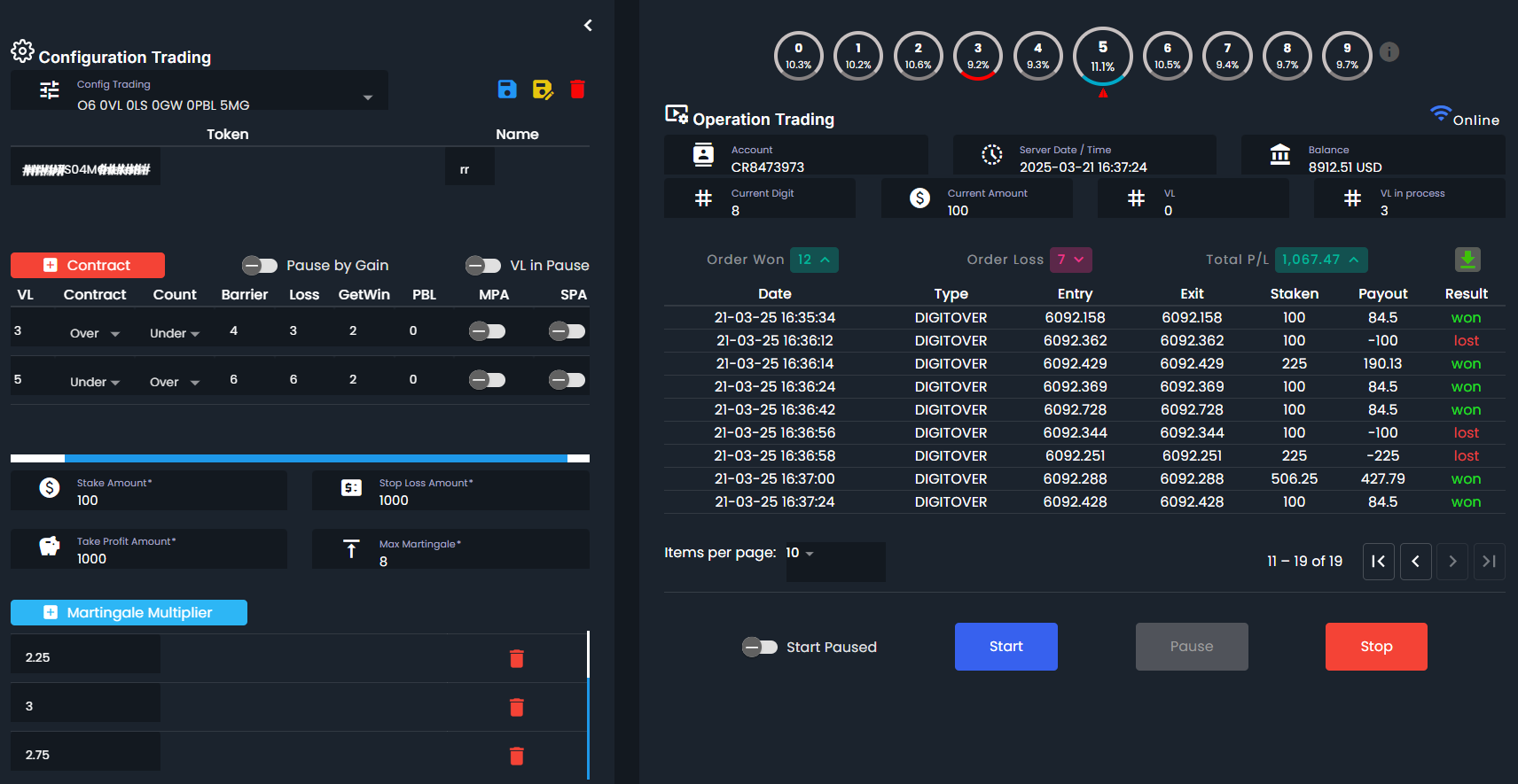 Dashboard showing trading configuration, operation details, and recent transactions with outcomes and balance.