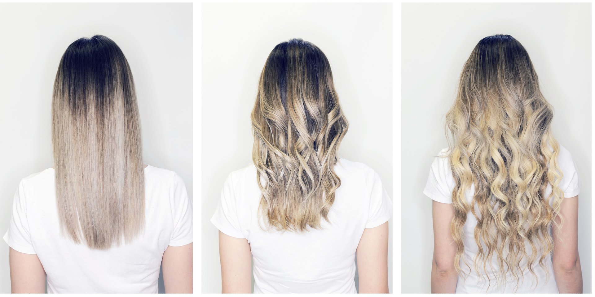 Hair extension or wig step by step tutorial. Blonde long hair with balayage or ombre hairstyle. Back view of beautiful woman with curly volume hair