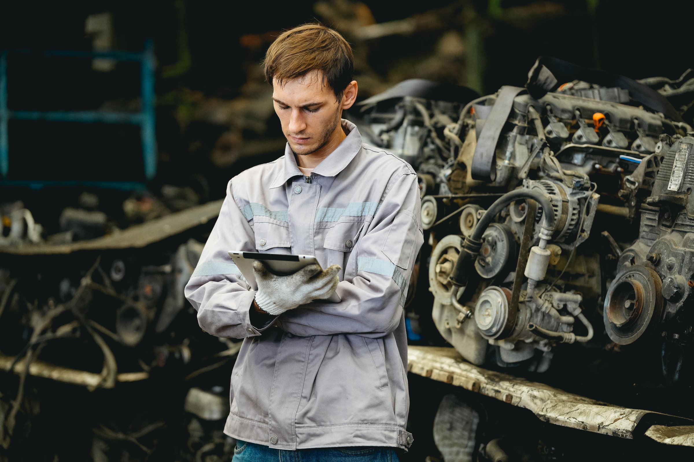 White man technician checking used car damaged engine block at scrap yard warehouse recycle area part. Maintenance engineer inspecting rust oily auto motor old spare part in junkyard for reuse service