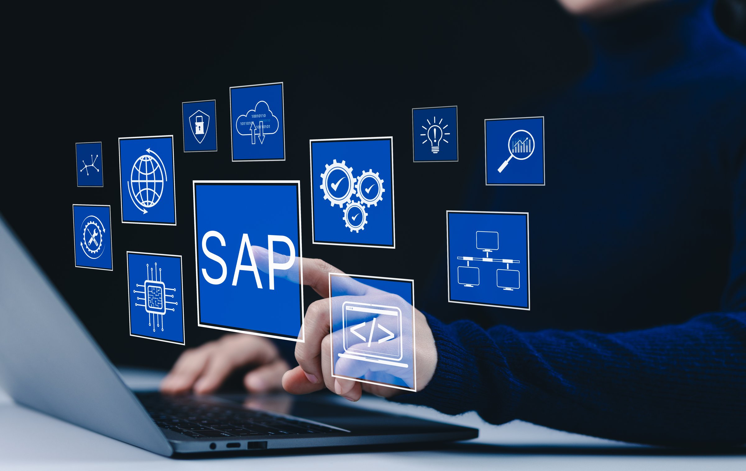 Business process automation and management software concept. SAP System Application Products, A person presents SAP related technology icons, business process automation, and management solutions.