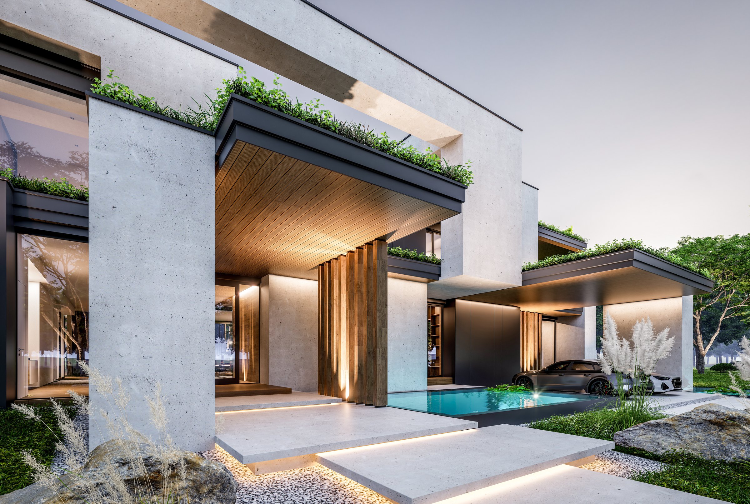 3d rendering of two-story house with parking and pool for sale or rent with concrete facade