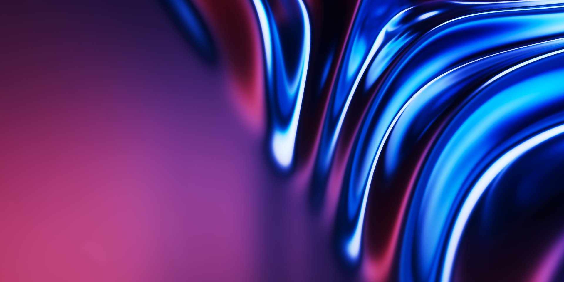 Abstract metallic soft waves, blue violet shiny iridescent liquid shapes. 3d render illustration.