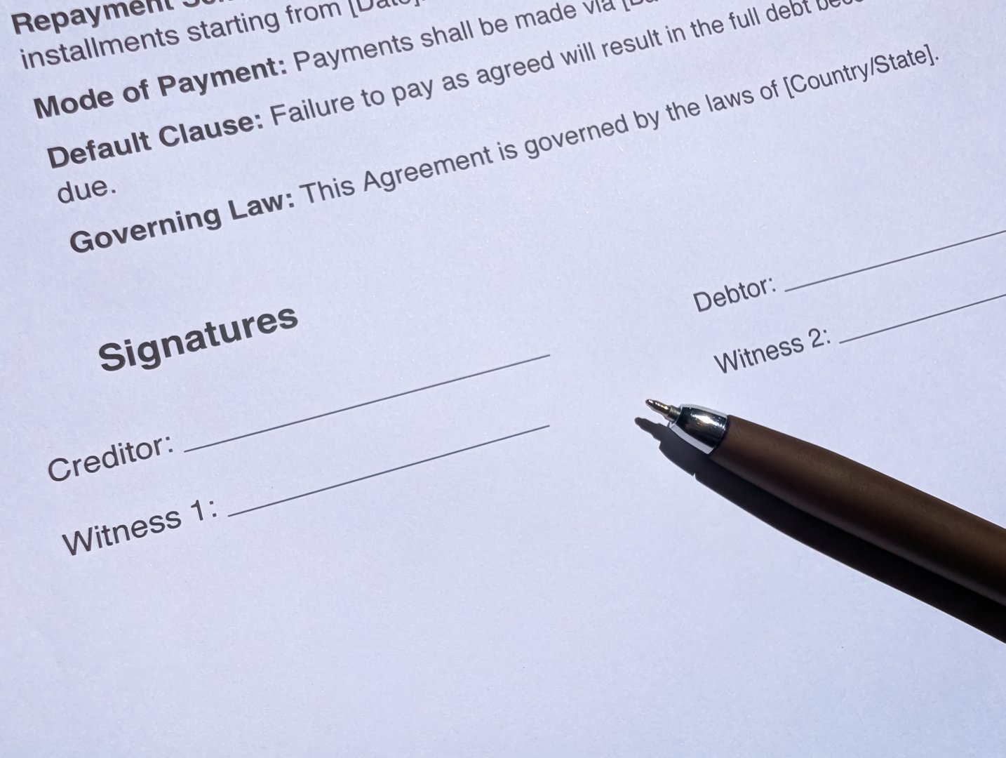 Agreement signature proof from the creditor and debtor with witness signature also for the proof. Blank Space for signature