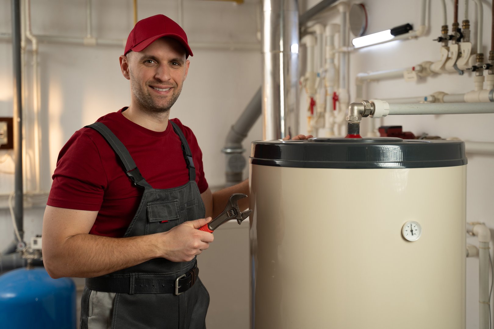 A skilled tradesman with a friendly demeanor stands confidently in a residential basement, ready to conduct maintenance or repair work on a large home boiler system. Wearing a red cap and work overalls, he appears well-equipped for the task at hand.