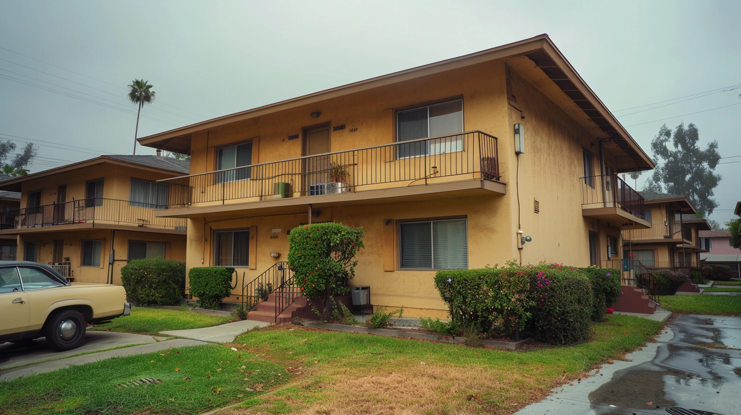 1960s fourplex apartment building in Los Angeles with two stories, carports, and slight wear typical of long-term mom-and-pop ownership