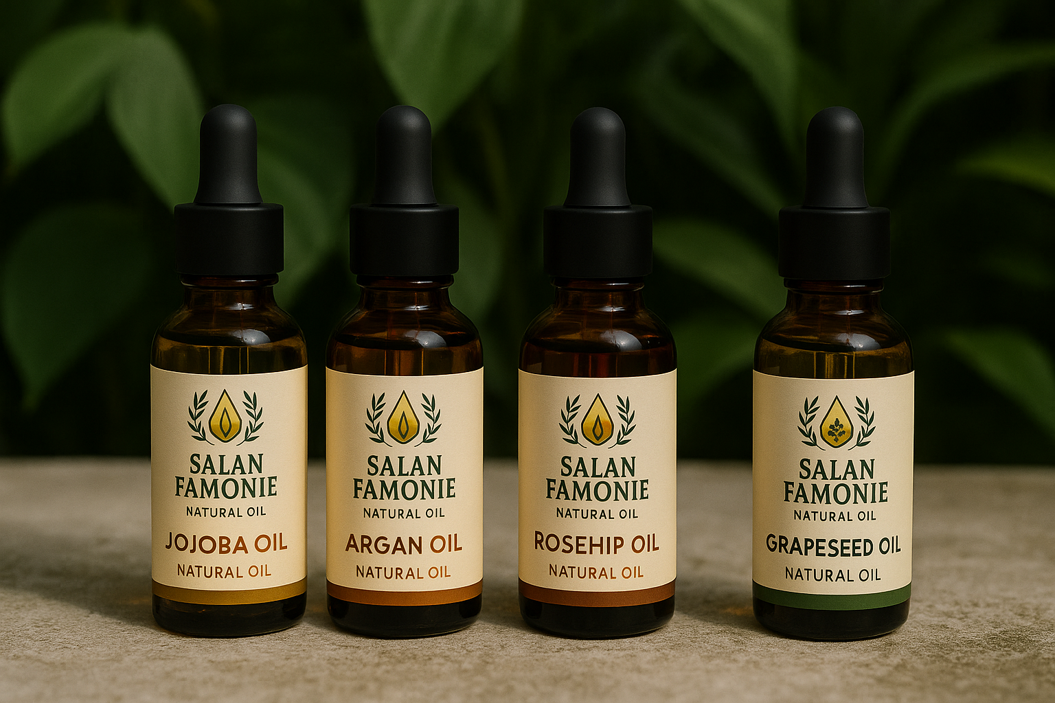 Natural oils in amber bottles with droppers on a neutral background.