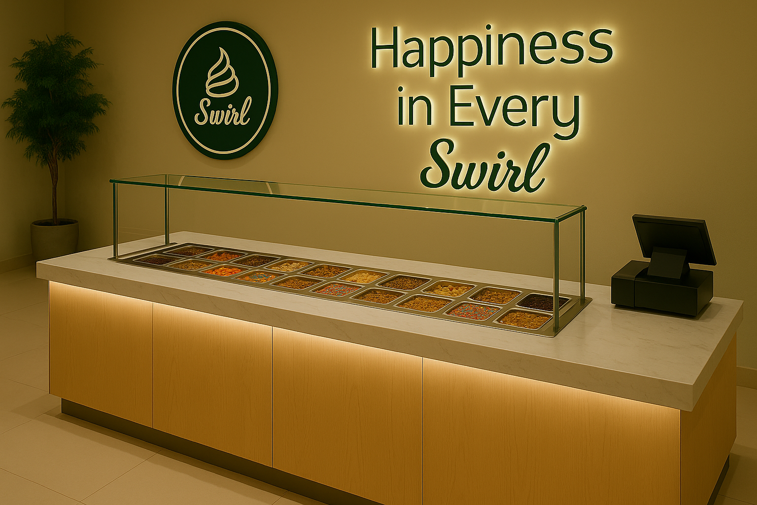 Swirl toppings bar with fresh fruits and toppings