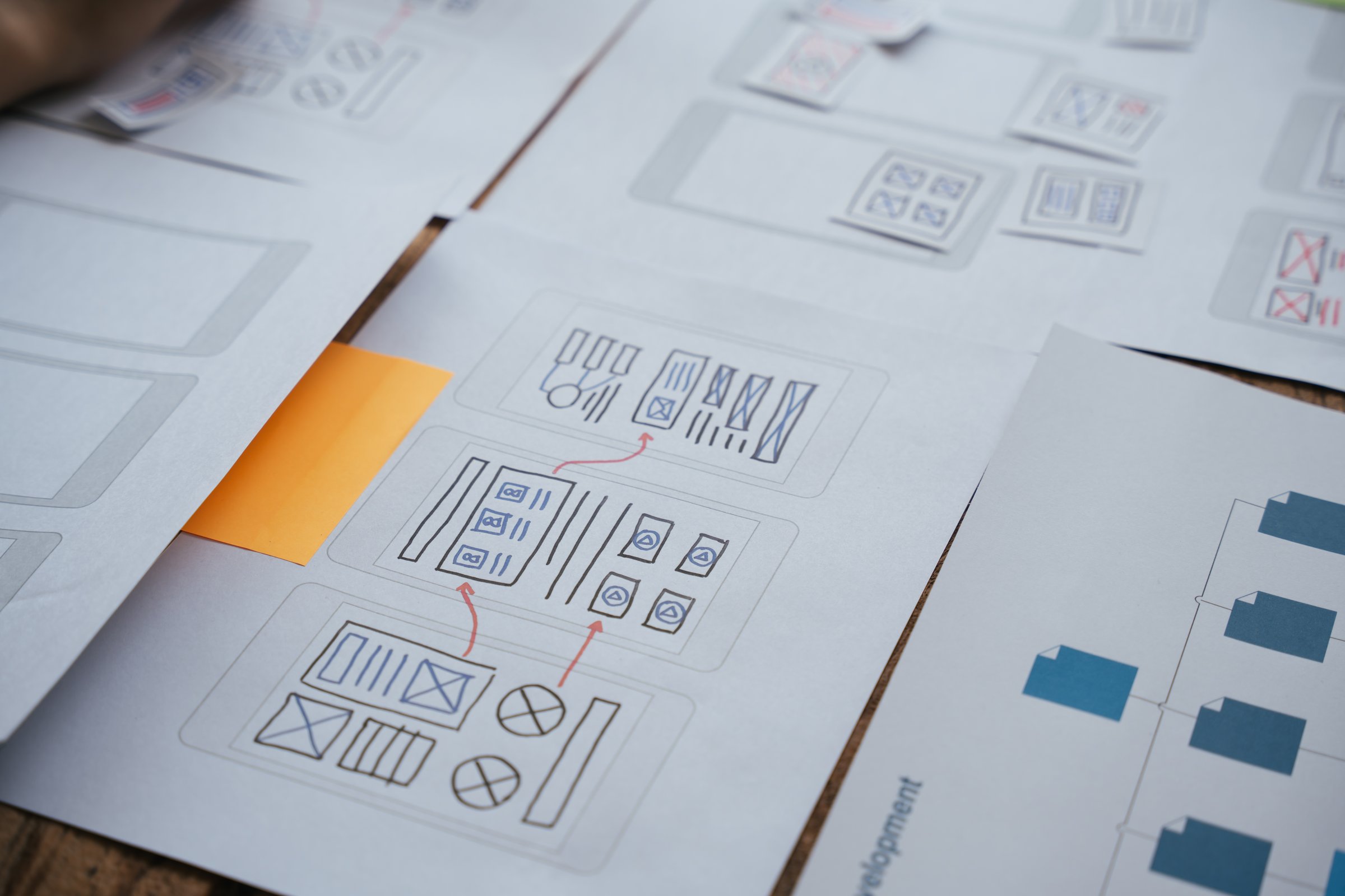 ux Graphic designer creative sketch planning application process development prototype wireframe for web mobile phone . User experience concept.