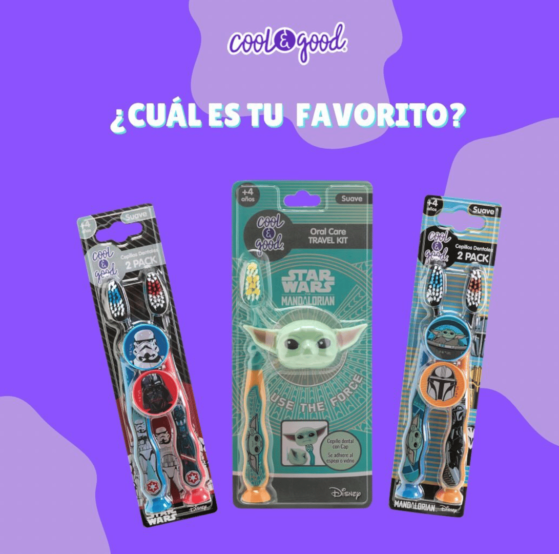 Three Star Wars-themed toothbrush sets with The Mandalorian design on a purple background.