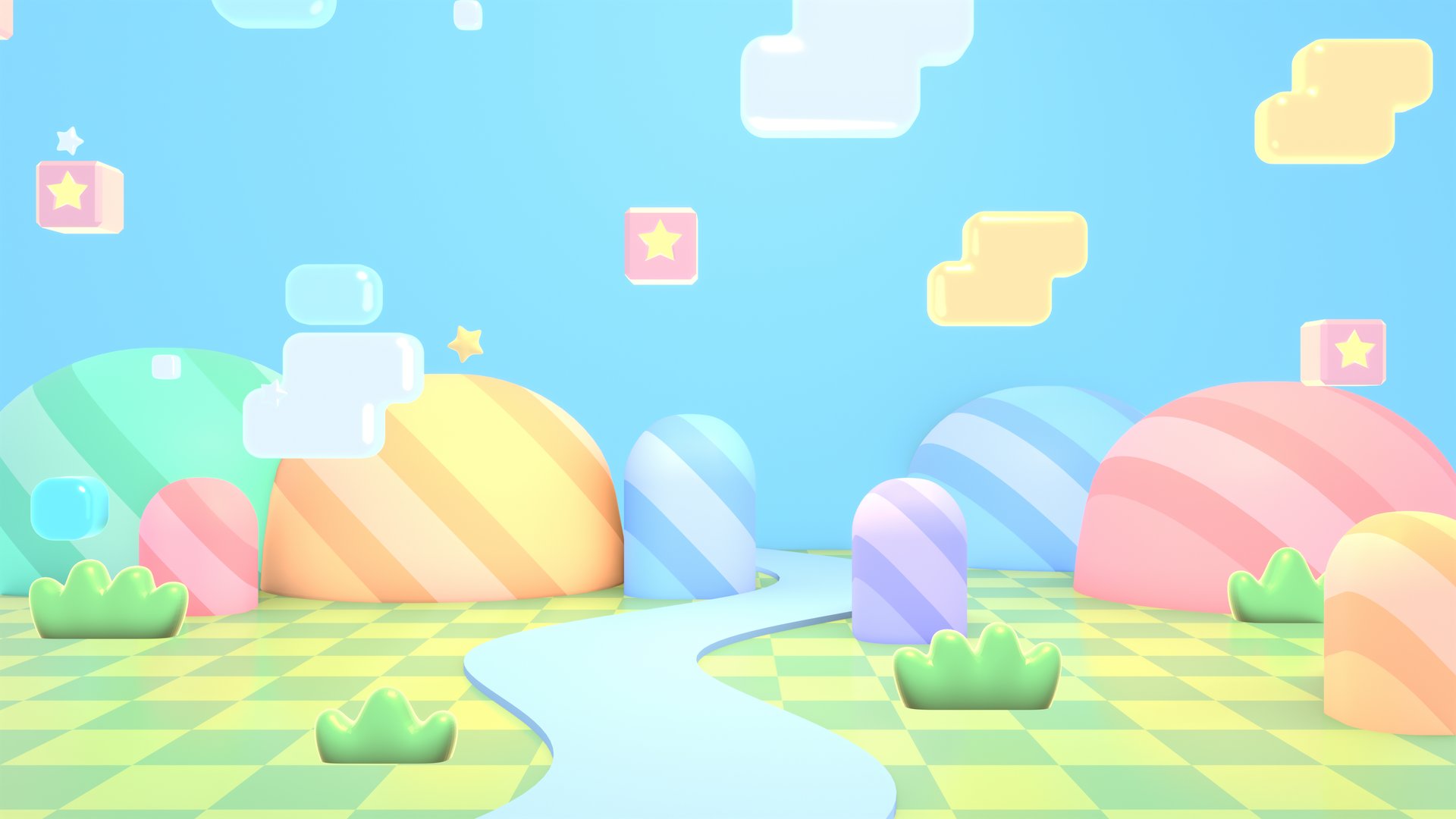 3d render cute cartoon land with mountains, grass field, and flying clouds.