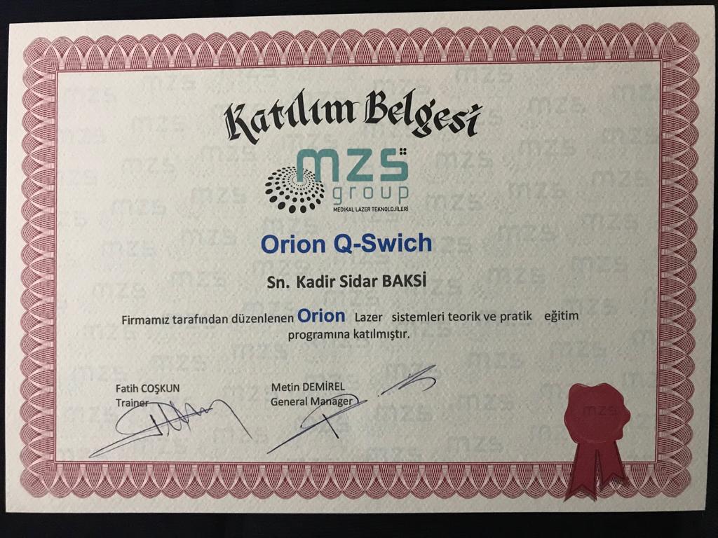 Orion Q-Switch Lazer Sistemleri Teorik ve Pratik Eğitim Sertifikası - MZS Group Laser Education 2021