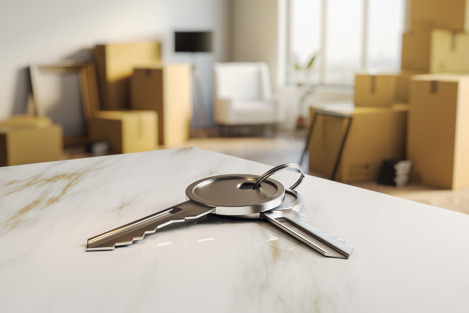 House keys on marble countertop with packed boxes in blur, modern indoors background, concept of moving into new home. 3D Rendering