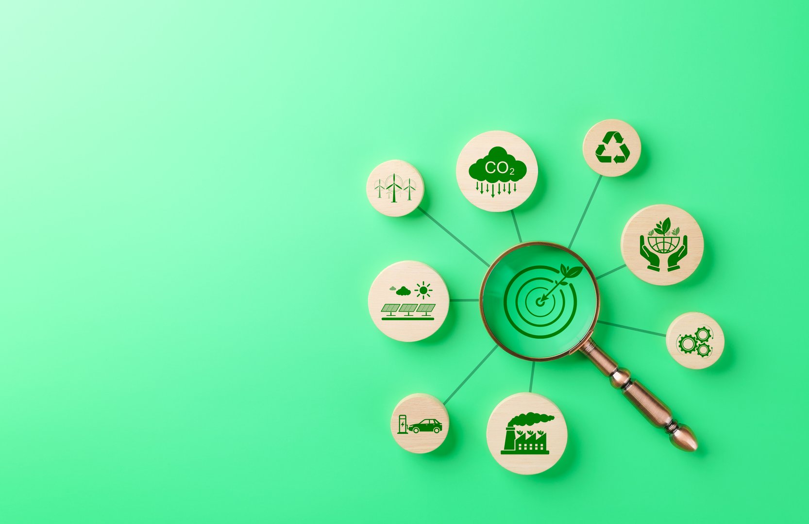 Green energy and sustainability concept. A magnifying glass focusing on sustainability icons renewable energy, carbon reduction, recycling, and environmental conservation, eco-friendly solutions.