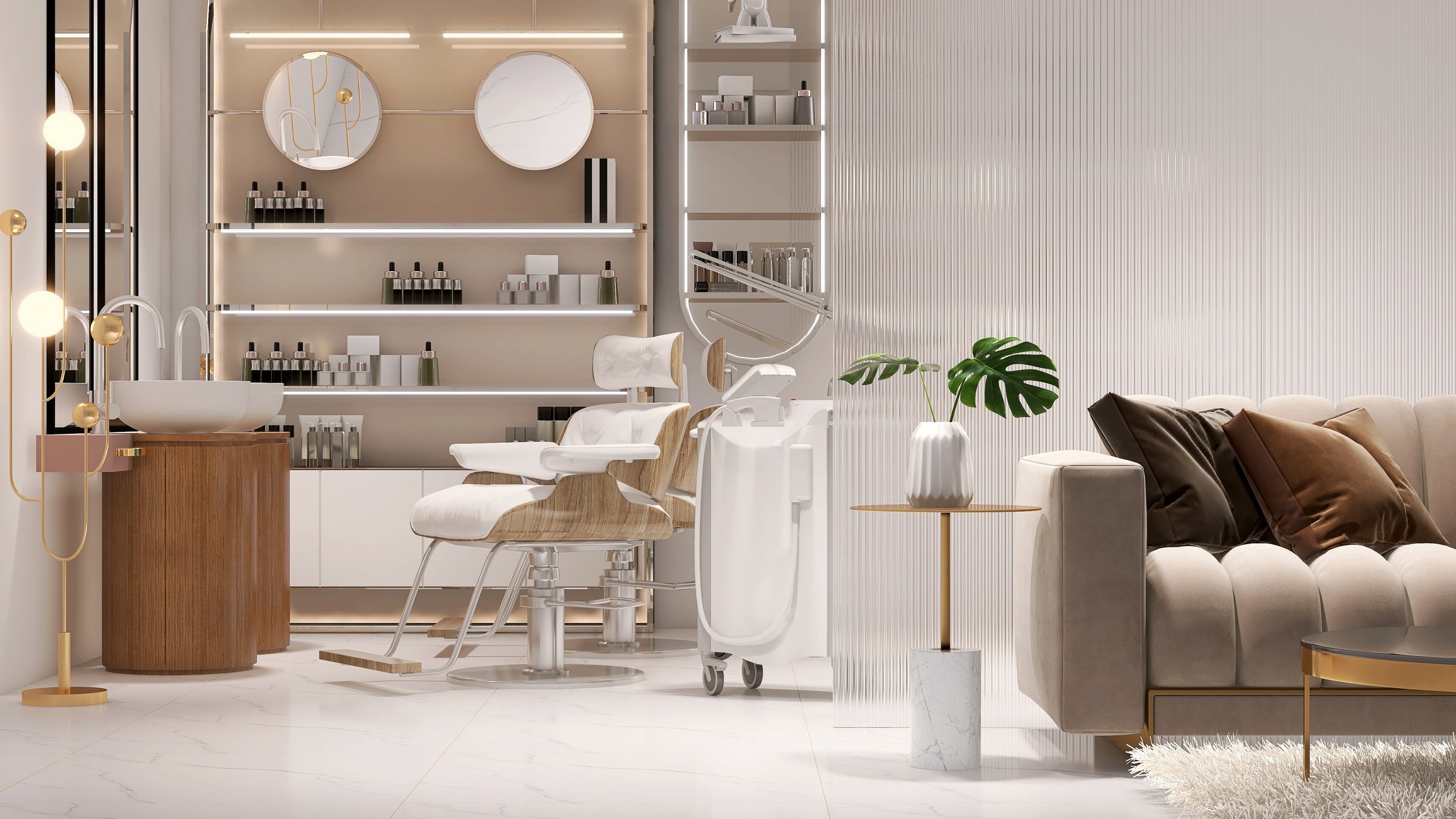 Modern and elegant interior design of professional beauty salon and spa with luxury styling chair, facial and hair treatment machine, cosmetic products shelf and reeded glass partition with sofa for product display background
