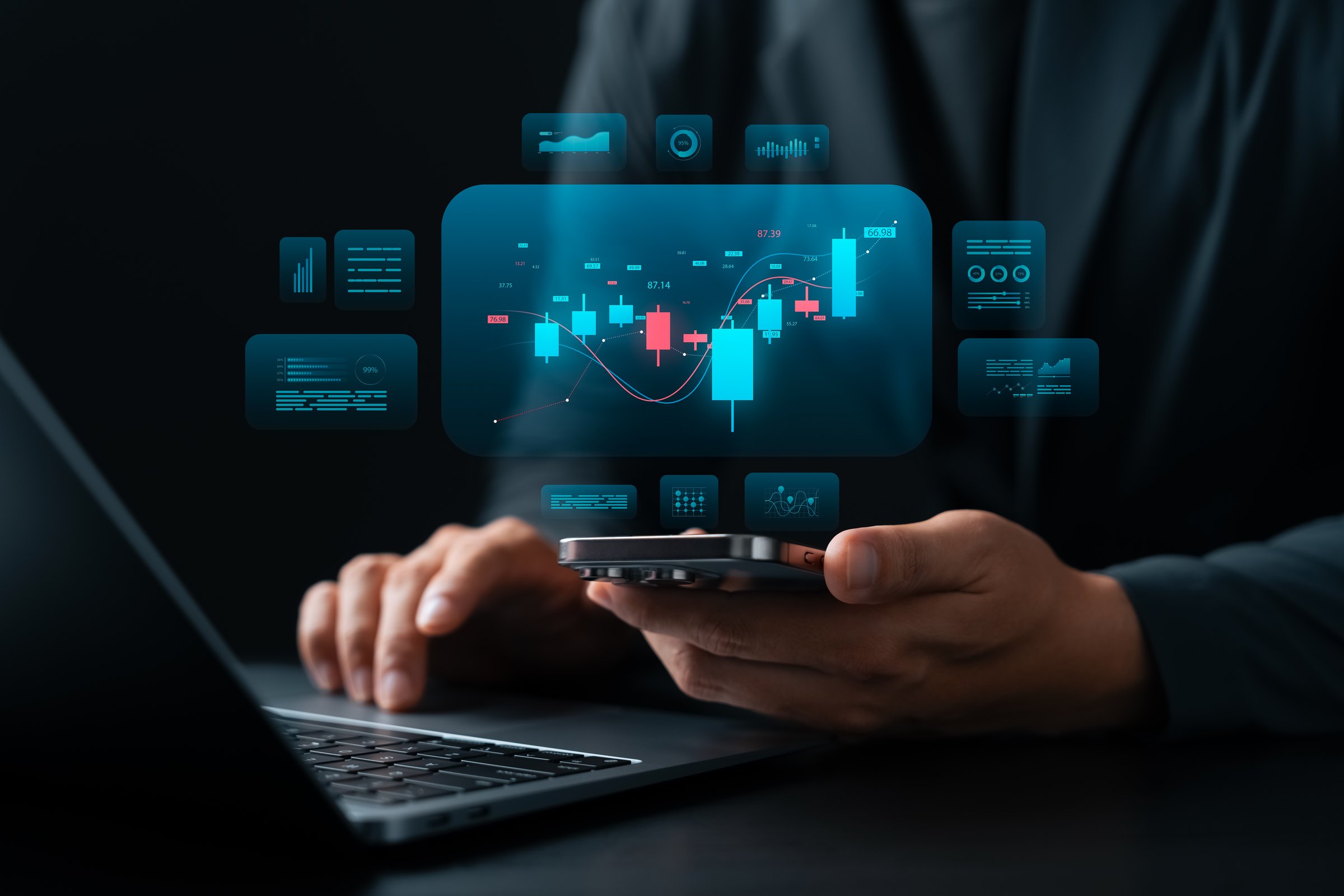 Stock trading and financial data analysis concept, businessman using smartphone and laptop, digital candlestick chart interface represents investment, fintech, and online trading.