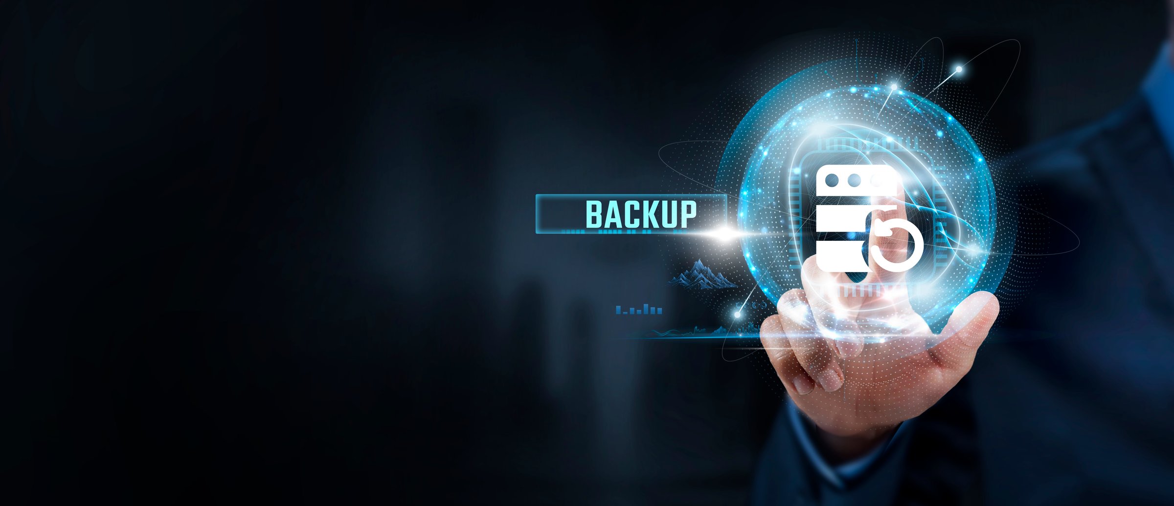 Backup Strategy: Businessman Touching Backup Icon for Data Protection and Global Network Accessibility. Ensuring Continuity, Disaster Recovery.