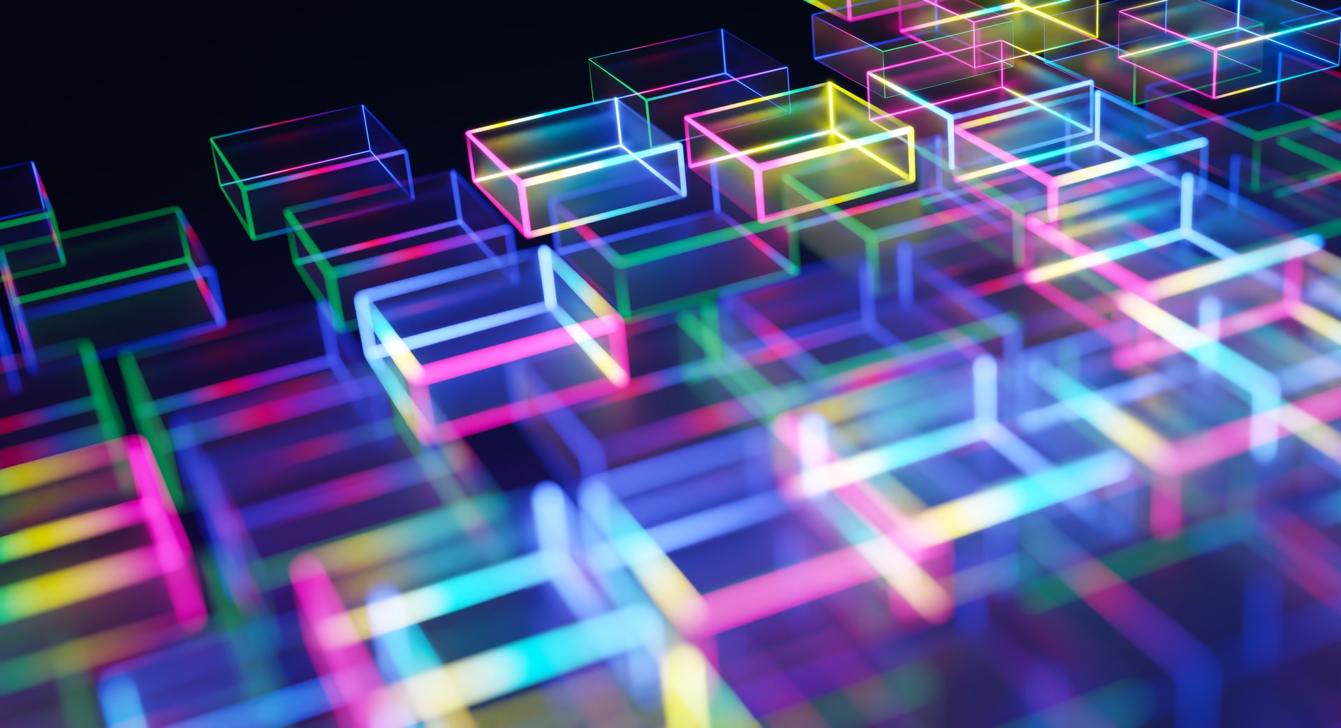 Colorful neon rectangles floating and creating a futuristic and technological background. 3D rendering