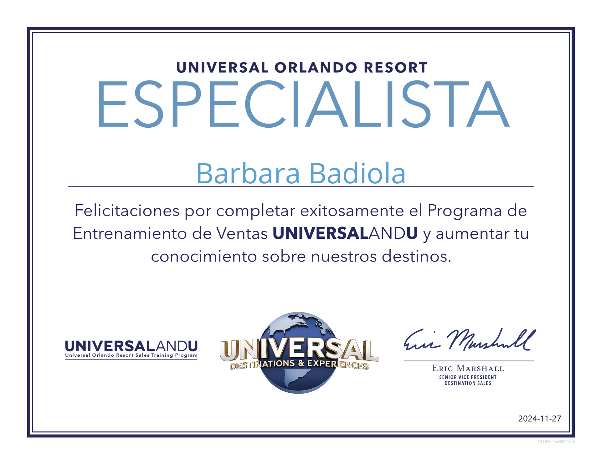 Certificado oficial de Universal Orlando