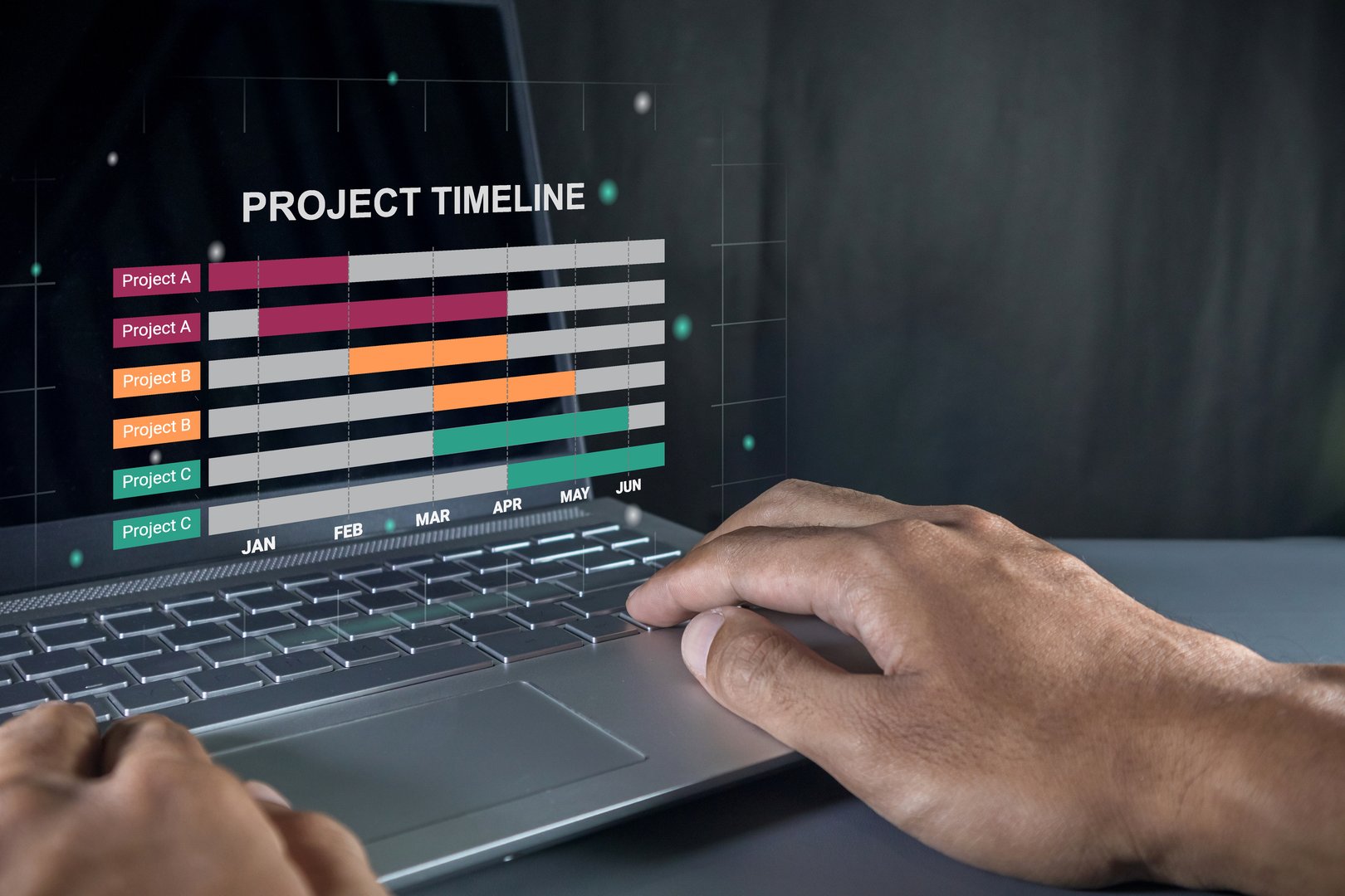 Man working on laptop to check the project timeline, milestones and planning progress on virtual screen