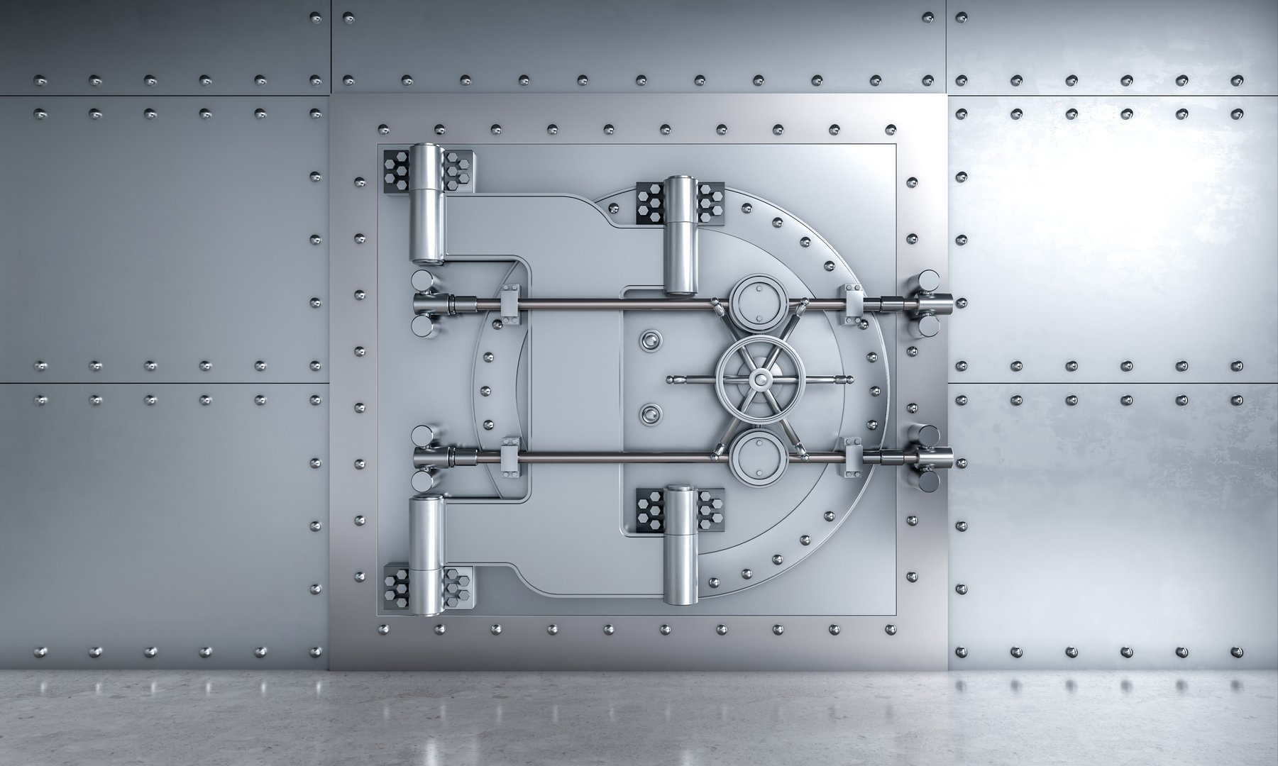 Closed vault door with multiple locking mechanisms in a concrete room, symbolizing security and protection of valuables